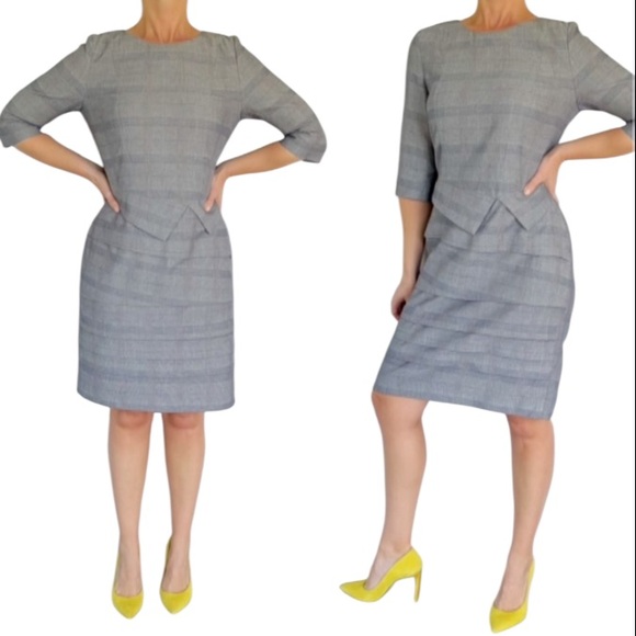 The Fold gray blue plaid print 3/4 sleeve knee-length cotton dress size 12